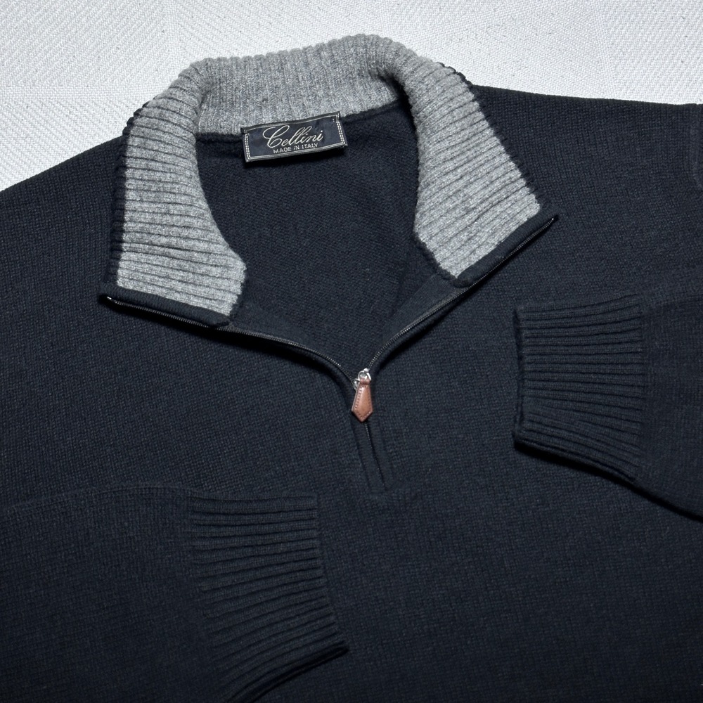 Cellini 1/4 Zip Sweater Mens 56 (2XL) Wool Cashmere Made in Italy Black Knit
